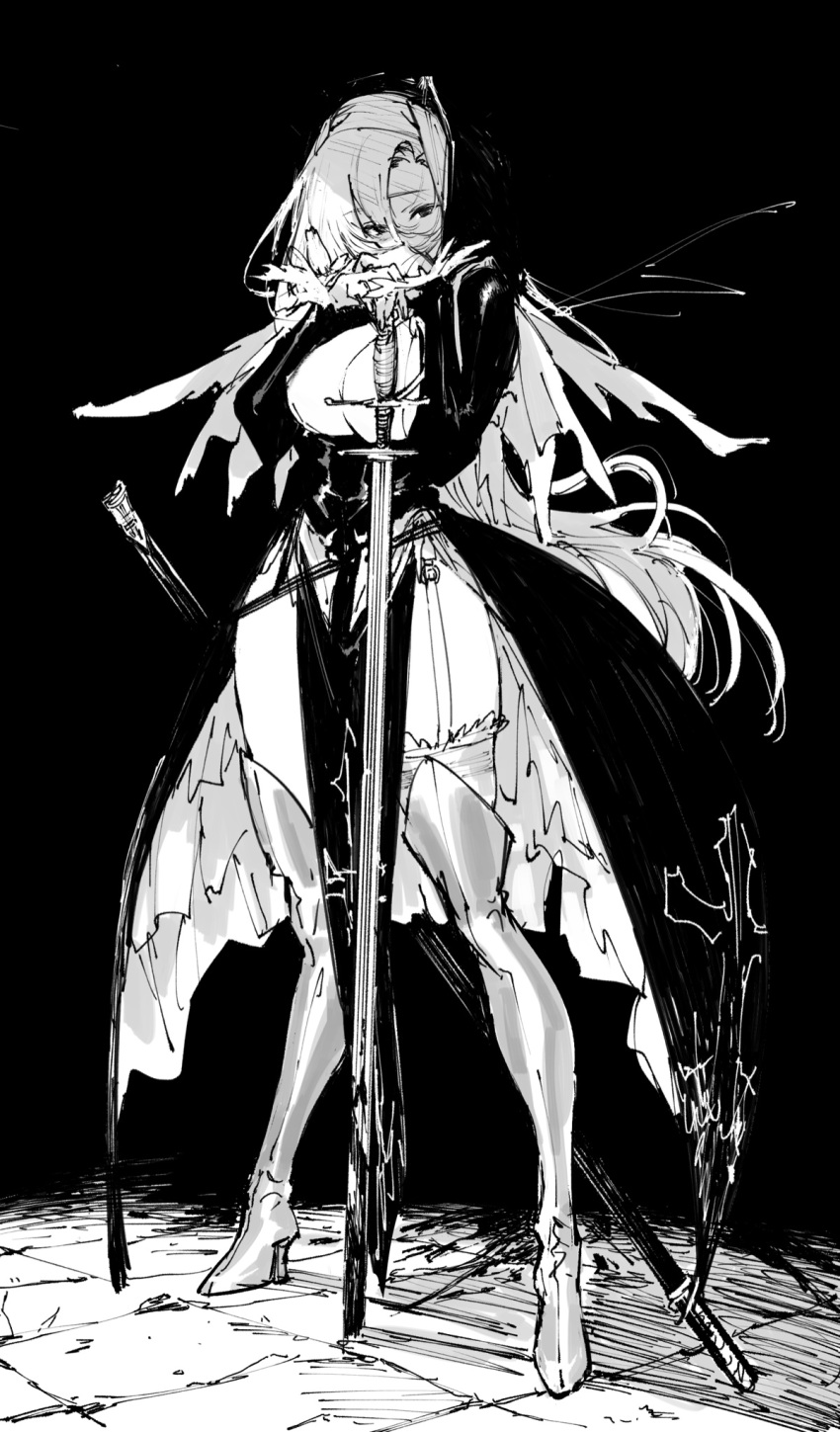 1girl blood blood_on_weapon blood_splatter boots crack cracked_floor cross cross_print dark frilled_thighhighs frills fur-trimmed_sleeves fur_trim garter_straps greyscale hair_between_eyes hand_on_hilt high_heel_boots high_heels highres holding holding_sword holding_weapon knee_boots long_hair looking_at_viewer monochrome nun original planted planted_sword sasami_(ki) scabbard sheath solo sword thighhighs tile_floor tiles torn torn_clothes unsheathed weapon