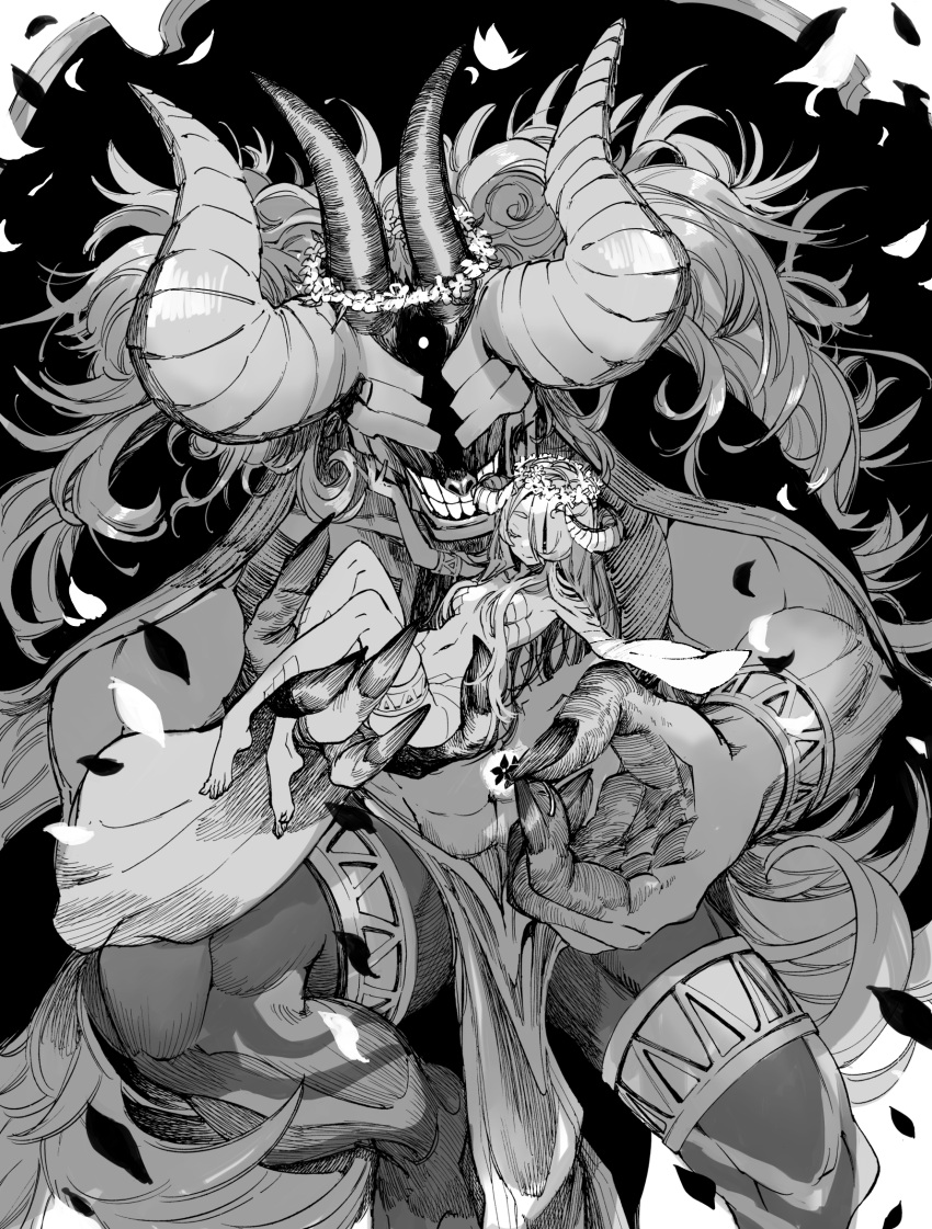 1boy 1girl armlet barefoot cape clenched_hand closed_eyes closed_mouth demon fingernails flower flower_wreath glowing glowing_flower greyscale hair_over_one_eye hand_on_another's_cheek hand_on_another's_face hatching_(texture) highres holding holding_flower horns long_fingernails long_hair monochrome monster multiple_horns muscular navel one-eyed open_mouth original petals sasami_(ki) sharp_fingernails shoulder_tattoo smile tattoo teeth thigh_strap very_long_fingernails very_long_hair