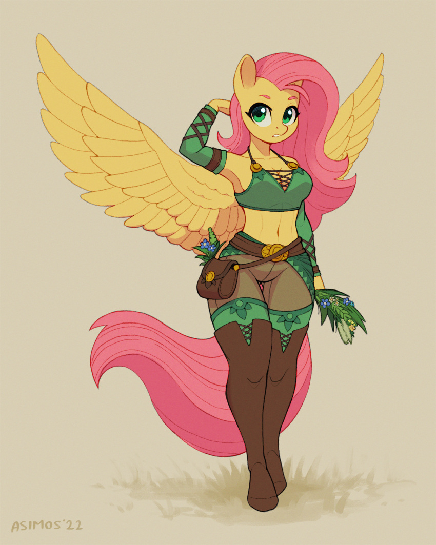 2022 4:5 anthro asimos belt bottomwear brown_bottomwear brown_clothing clothing equid equine female fluttershy_(mlp) friendship_is_magic grass green_clothing green_topwear grey_background hasbro hi_res mammal my_little_pony pegasus plant shorts simple_background solo topwear unguligrade_anthro wings yellow_body