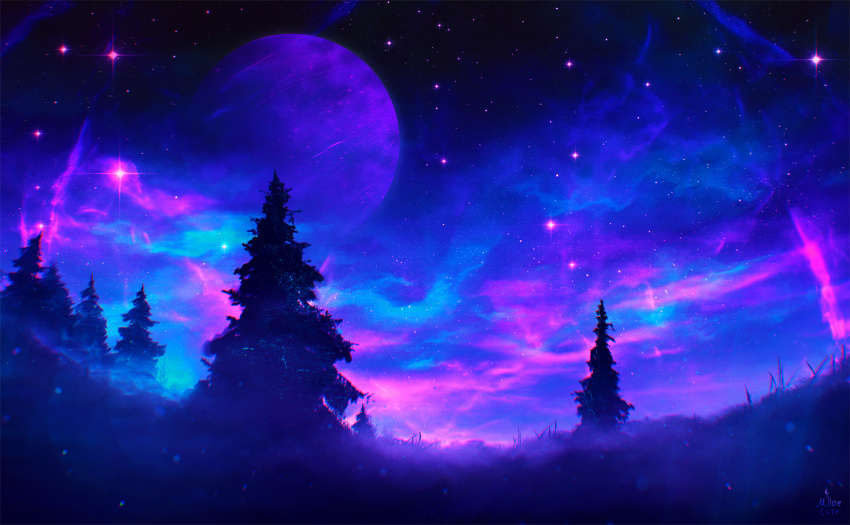 artist_name aurora dark fantasy field fog forest grass highres leaf miloecute nature night night_sky original pine_tree planet purple_theme scenery signature sky sparkle star_(sky) starry_sky tree