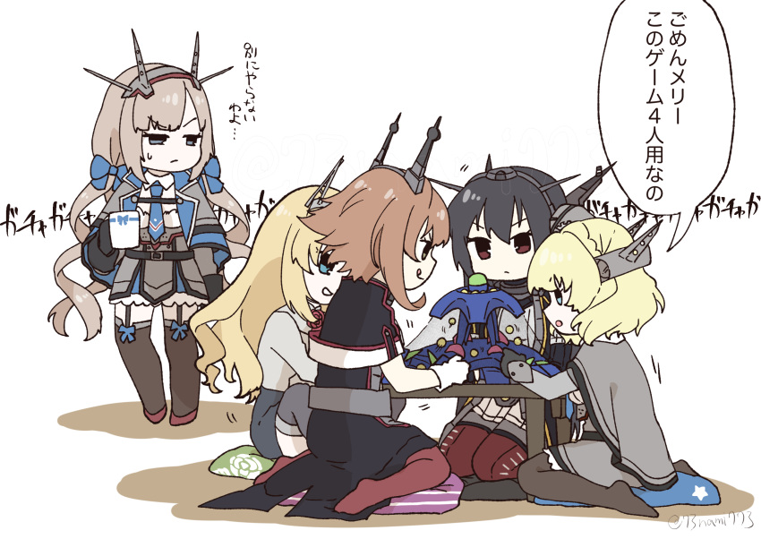 5girls black_gloves black_hair blonde_hair blue_eyes blue_necktie blue_ribbon brown_eyes brown_hair capelet coat colorado_(kancolle) commentary_request cushion frilled_skirt frills garter_straps gloves headgear highres kantai_collection long_hair maryland_(kancolle) multiple_girls mutsu_(kancolle) mutsuki_(kancolle) mutsuki_kai_ni_(kancolle) nagato_(kancolle) nagato_kai_ni_(kancolle) nami_nami_(belphegor-5812) necktie nelson_(kancolle) playing_games ribbon short_hair simple_background skirt table thighhighs translation_request white_gloves