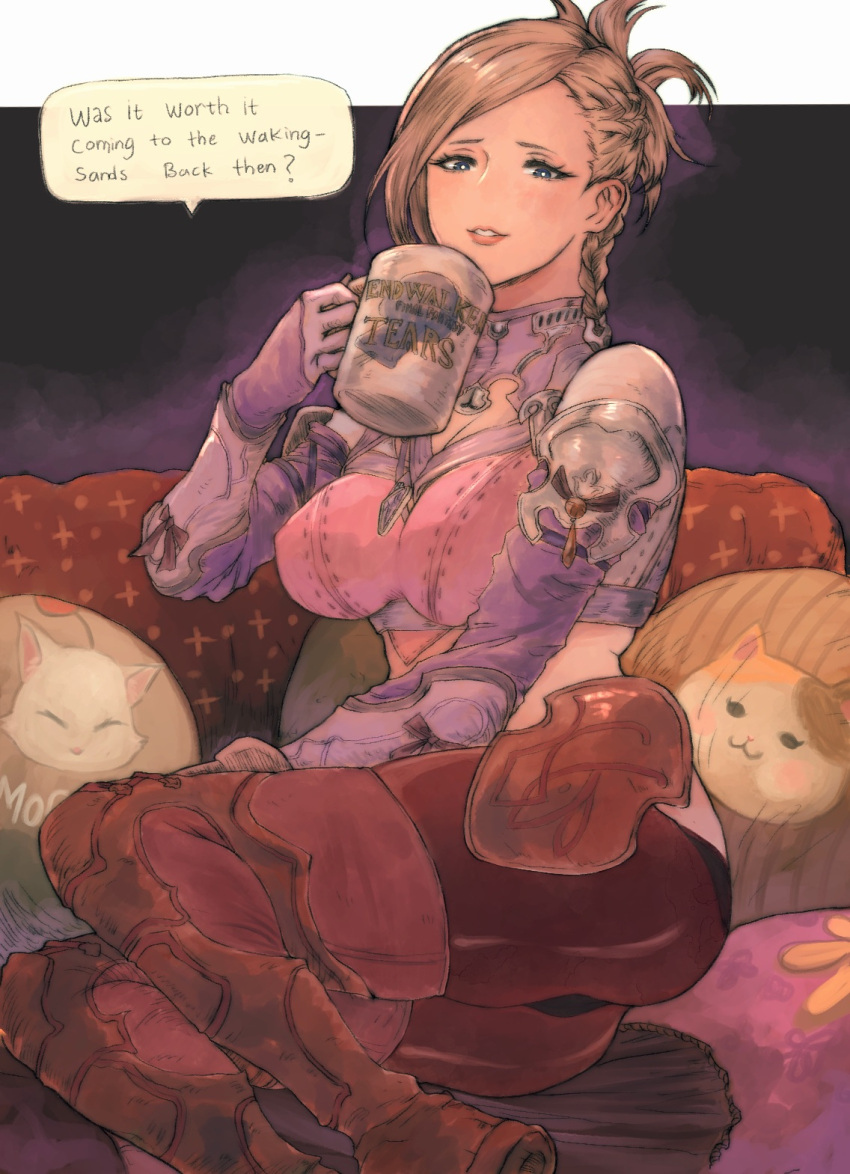 1girl blonde_hair blue_eyes braid breasts cup cushion final_fantasy final_fantasy_xiv gloves gusty10rk highres holding holding_cup hyur looking_at_viewer medium_breasts midriff minfilia_warde mug short_hair sitting solo speech_bubble