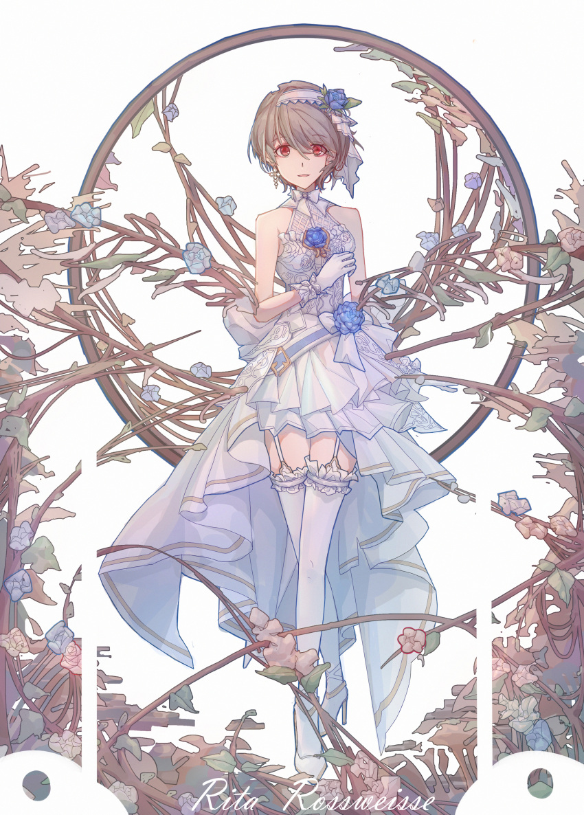 1girl absurdres bangs bare_shoulders blue_flower breasts brown_hair character_name crossed_legs dress flower frilled_gloves frilled_legwear frills full_body garter_straps gloves grey_background hair_between_eyes hair_flower hair_ornament hairband hhs240 high_heels highres honkai_(series) honkai_impact_3rd looking_at_viewer parted_lips pleated_dress red_eyes rita_rossweisse rita_rossweisse_(artemis) shoes short_hair simple_background sleeveless sleeveless_dress small_breasts smile solo standing thighhighs white_dress white_footwear white_gloves white_hairband