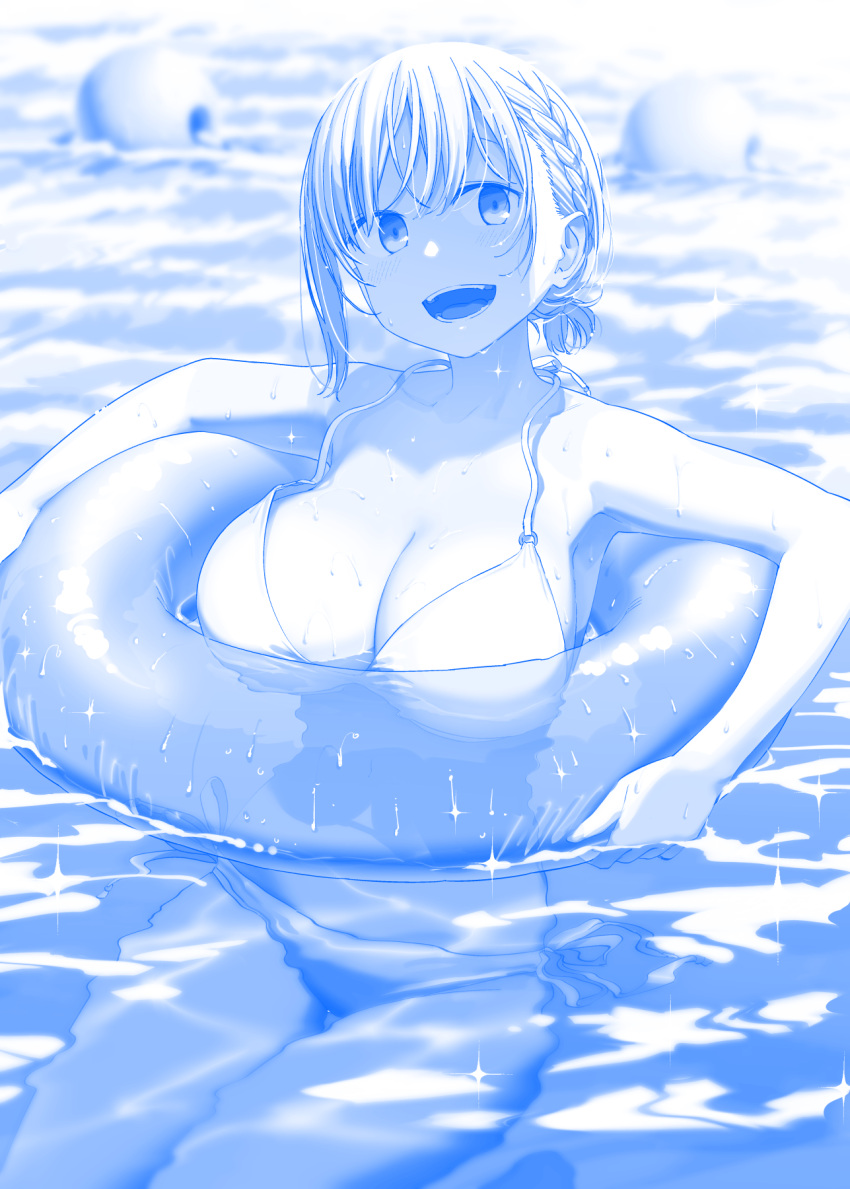 1girl ai-chan_(tawawa) bangs bikini blue_theme blush braid breasts check_commentary cleavage commentary commentary_request getsuyoubi_no_tawawa highres himura_kiseki innertube large_breasts open_mouth pool short_hair side-tie_bikini solo swimsuit wet