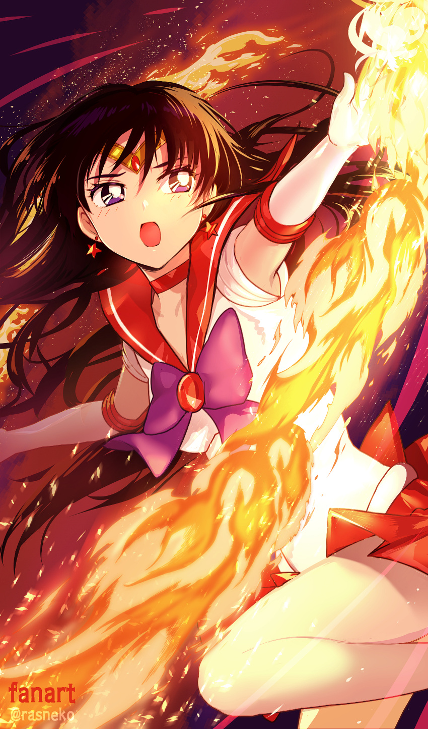 1girl artist_name bishoujo_senshi_sailor_moon black_eyes black_hair bow breasts earrings elbow_gloves fire gloves highres hino_rei inner_senshi jewelry long_hair magical_girl medium_breasts open_mouth purple_bow rasneko red_sailor_collar red_skirt sailor_collar sailor_mars sailor_senshi sailor_senshi_uniform shirt skirt sleeveless star_(symbol) star_earrings tiara twitter_username white_shirt