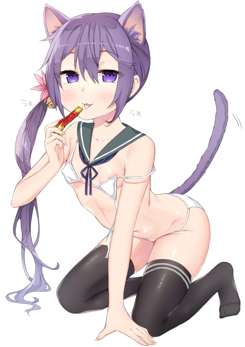 1girl akebono_(kancolle) all_fours animal_ears bell bikini black_thighhighs cat_ears cat_tail detached_collar extra_ears flat_chest flower grey_sailor_collar hair_bell hair_flower hair_ornament highres jingle_bell kantai_collection long_hair micro_bikini purple_eyes purple_hair sailor_collar side_ponytail simple_background solo swimsuit tail thighhighs tongue tongue_out untied untied_bikini very_long_hair white_background white_bikini yuuzaki