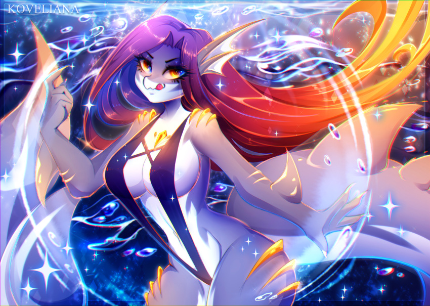 2022 5_fingers absurd_res amber_eyes anthro breasts clothed clothing digital_media_(artwork) eyebrows eyelashes female fingers fish hair hi_res koveliana looking_at_viewer marine non-mammal_breasts purple_hair shark smile