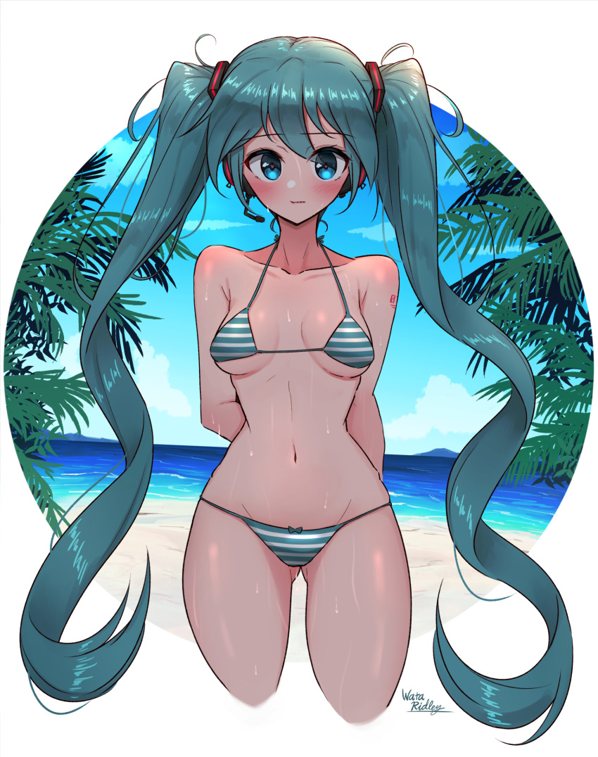 1girl aqua_eyes aqua_hair beach bikini blue_sky cloud commentary_request cowboy_shot day green_bikini hatsune_miku highres horizon long_hair looking_at_viewer ocean outdoors sky solo standing striped striped_bikini swimsuit twintails very_long_hair vocaloid wakaba_(wata_ridley)