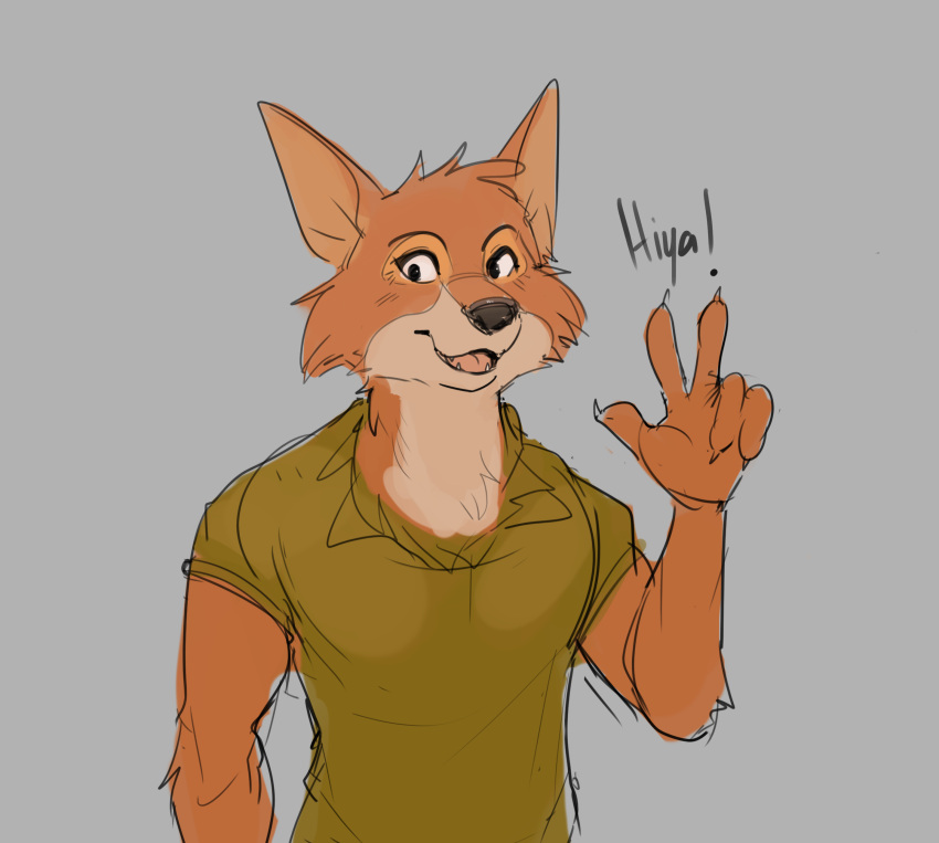 absurd_res anthro athletic athletic_anthro athletic_male canid canine clothing disney english_text fox gesture hi_res male mammal robin_hood robin_hood_(disney) shirt simple_background sketch smile solo text topwear unknown_artist_(artist) v_sign