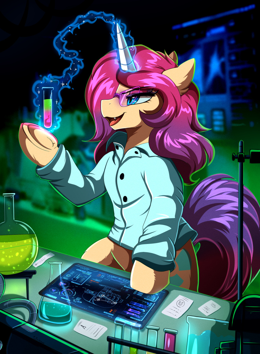 2022 absurd_res arthropod changeling clothing coat cutie_mark disguise equid equine fan_character feral friendship_is_magic hasbro hi_res horn inside lab_coat laboratory laboratory_equipment laboratory_glassware liquid mad_scientist mammal my_little_pony open_mouth pridark safety_glasses scientific_instrument sitting telekinesis test_tube topwear unicorn vial