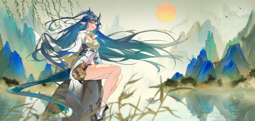 1girl arknights black_shorts blue_eyes boat boots braid breasts cleavage collar detached_collar dragon_girl dragon_horns dragon_tail earrings feihuanjiang full_body fur-tipped_tail gourd highres horns jacket jewelry leaf ling_(arknights) medium_breasts necktie outdoors pointy_ears rock shirt shorts sitting solo sun tail tassel tassel_earrings water watercraft white_collar white_footwear white_jacket white_shirt yellow_necktie