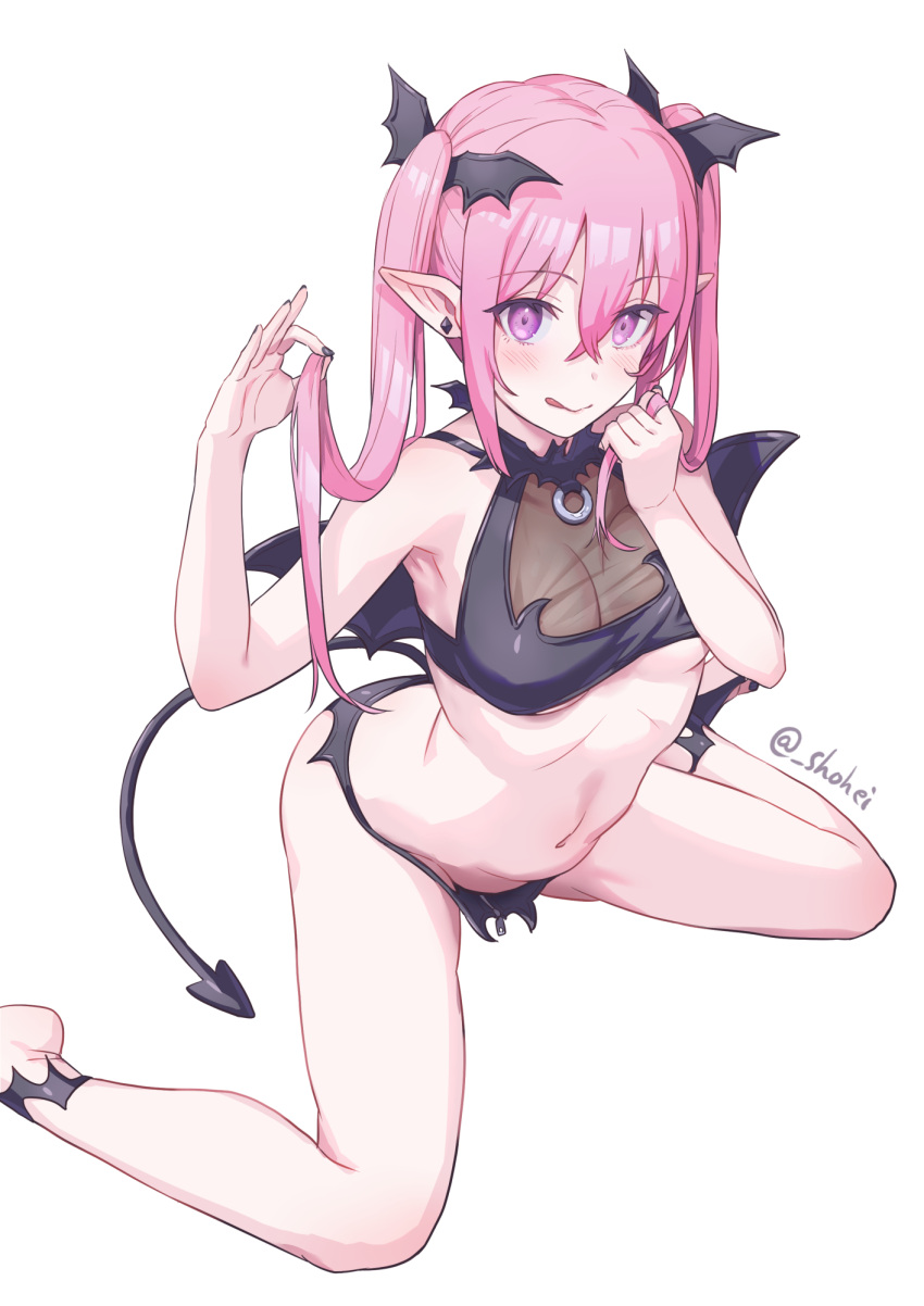 1girl :q armpits bare_arms bare_shoulders black_bra black_nails black_panties bra breasts closed_mouth demon_girl demon_tail demon_wings earrings hands_up head_wings highres jewelry long_hair looking_at_viewer medium_breasts nail_polish naughty_face navel original panties pink_hair pointy_ears purple_eyes see-through shouhei sidelocks simple_background sitting smile solo stomach stud_earrings tail thighs tongue tongue_out twintails underwear underwear_only wariza white_background wings