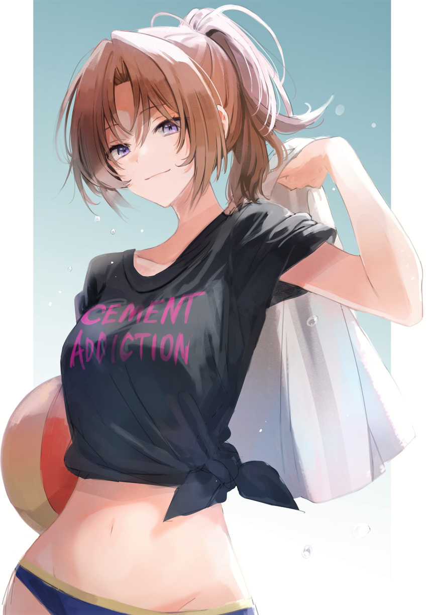 1girl aqua_background arm_up ball bangs beachball bikini bikini_bottom_only black_shirt blue_bikini blue_panties breasts brown_hair carrying_clothes carrying_over_shoulder closed_mouth collarbone commentary_request english_text gradient gradient_background grey_shirt groin hair_between_eyes hair_intakes hand_up hibike!_euphonium highres holding holding_ball light_smile medium_breasts messy_hair midriff monsieur nakagawa_natsuki navel no_pants panties parted_bangs ponytail purple_eyes shiny shiny_hair shiny_skin shirt side-tie_shirt solo swimsuit t-shirt tareme tied_shirt underwear upper_body white_background