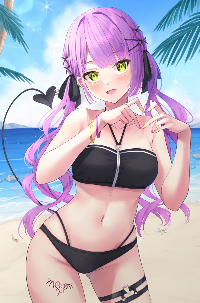 1girl :d bare_shoulders beach bikini black_bikini black_ribbon blue_sky blush bracelet breasts cloud collarbone contrapposto day demon_girl demon_tail drill_hair ear_piercing earrings fangs green_eyes groin hair_ornament hair_ribbon hairclip heart heart_hands heart_tattoo highres hololive jewelry leg_tattoo multi-strapped_bikini multicolored_nails navel navel_piercing open_mouth outdoors piercing pink_nails primamiya purple_hair ribbon rock shell sky small_breasts smile solo starfish stomach swimsuit tail tail_raised tattoo thigh_strap tokoyami_towa twin_drills twintails virtual_youtuber x_hair_ornament yellow_nails