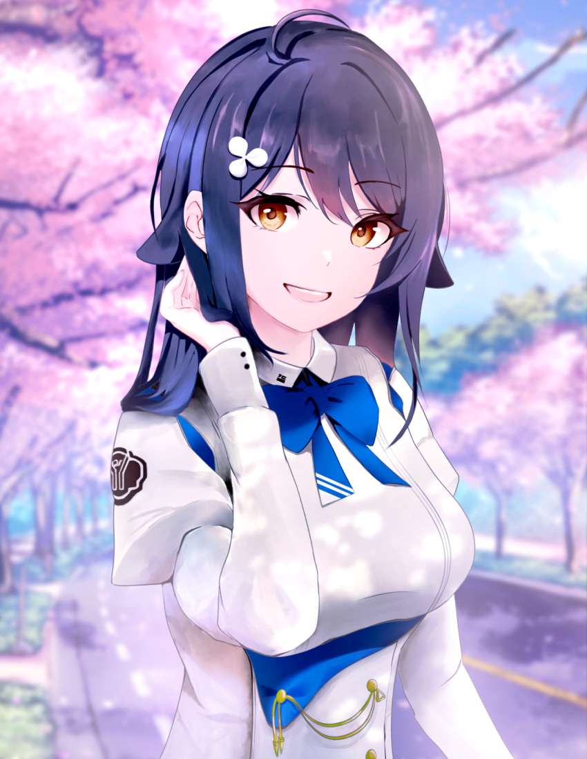 1girl azur_lane bangs beefusteku blue_bow blue_bowtie blue_hair blurry blurry_background bow bowtie breasts brown_eyes cherry_blossoms choukai_(azur_lane) dress hair_ornament hairclip hand_in_own_hair highres large_breasts long_hair long_sleeves looking_at_viewer open_mouth road smile solo spring_(season) standing teeth uniform upper_body upper_teeth white_dress