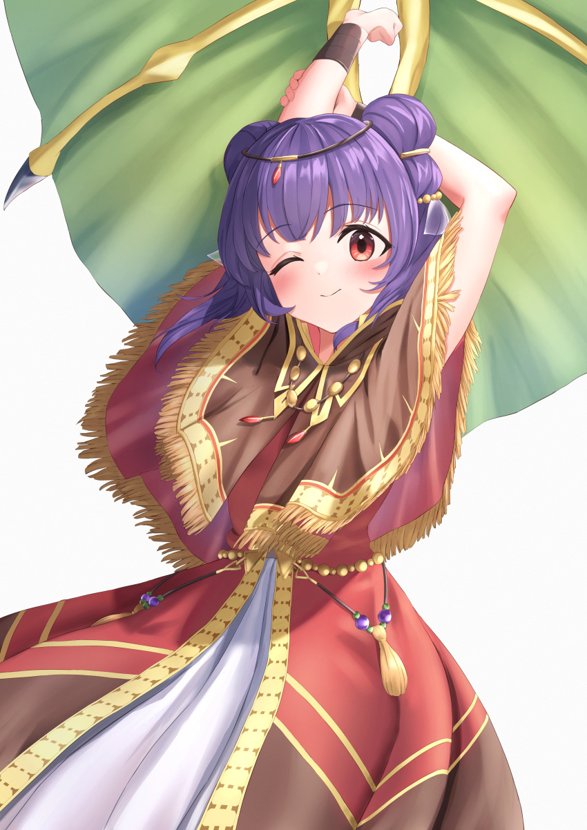 1girl ;) absurdres arm_up arms_behind_head bangs capelet dragon_girl dragon_wings dress fire_emblem fire_emblem:_the_sacred_stones fire_emblem_heroes hair_ornament highres looking_at_viewer mimi_(mimi_ganbaruzo) myrrh_(fire_emblem) official_alternate_costume one_eye_closed purple_hair red_eyes smile solo twintails white_background wings wristband