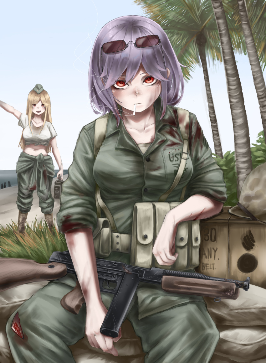 2girls absurdres alternate_costume blonde_hair blood breasts brown-tinted_eyewear cigarette day eyewear_on_head garrison_cap girls'_frontline green_headwear green_pants green_shirt gun hat highres injury large_breasts long_hair m2hb_(girls'_frontline) medium_breasts military military_uniform multiple_girls outdoors palm_tree pants purple_hair red_eyes shirt short_hair short_sleeves sidelocks sitting smoking standing submachine_gun sunglasses thompson_(girls'_frontline) thompson_submachine_gun tied_shirt tinted_eyewear torn_clothes torn_pants tree uniform united_states_marine_corps user_dhcx5474 weapon world_war_ii