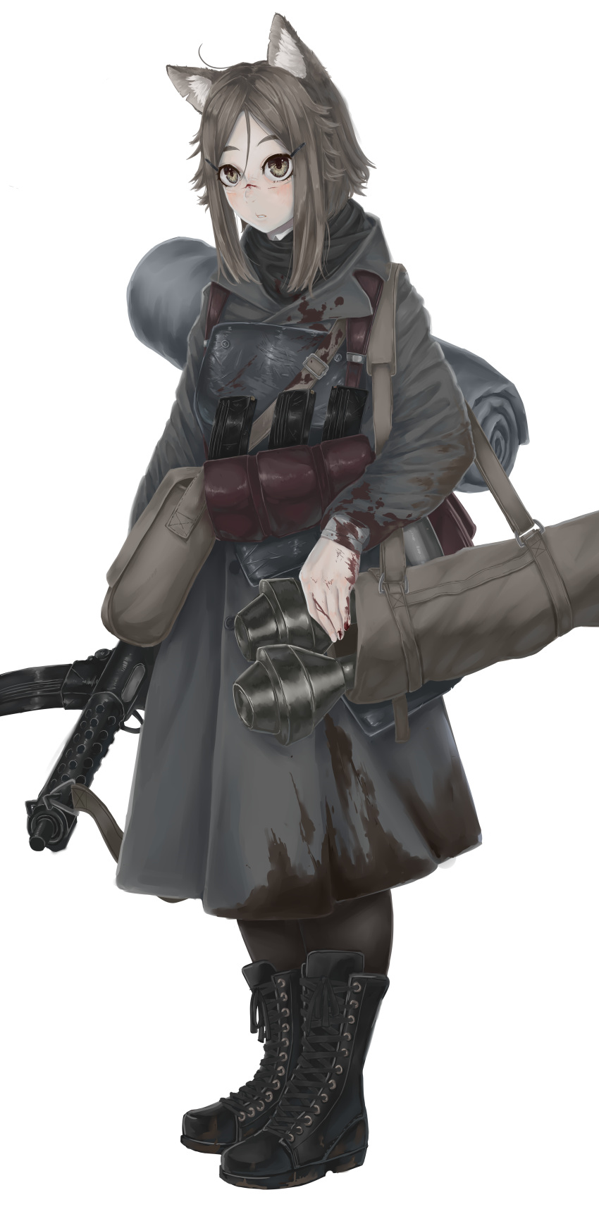 1girl absurdres animal_ears armor bandaged_arm bandages black_footwear blood blood_on_clothes blood_on_face boots breastplate coat full_body grey_coat grey_hair gun hair_between_eyes hair_ornament hairclip highres holding holding_gun holding_weapon long_sleeves magazine_(weapon) original panzerfaust short_hair short_hair_with_long_locks sidelocks solo standing submachine_gun user_dhcx5474 weapon yellow_eyes