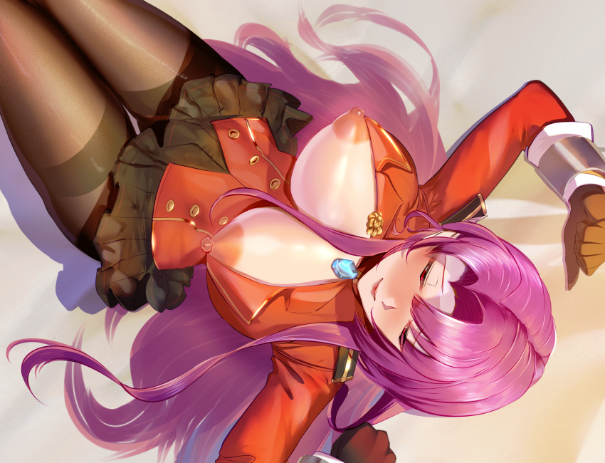 1girl azur_lane black_skirt blue_gemstone blush breasts breasts_apart brown_gloves brown_pantyhose buttons chinese_commentary closed_eyes double-breasted duke_of_york_(azur_lane) from_above full-face_blush gem gloves gold_trim gosama highres jacket large_breasts long_hair long_sleeves miniskirt nipple_slip nipples no_bra pantyhose pleated_skirt purple_hair red_jacket skirt solo thighband_pantyhose very_long_hair