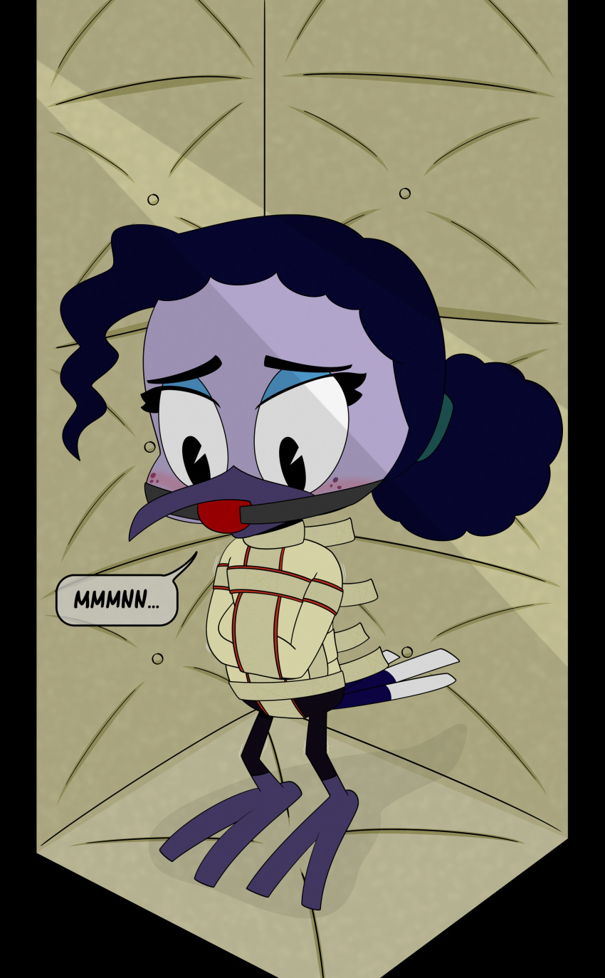 absurd_res accessory anthro avian ball_gag barefoot bdsm beak bird blush bondage bottomless bottomless_female bound clothed clothing colored crotch_strap damsel_in_distress digital_drawing_(artwork) digital_media_(artwork) disney ducktales ducktales_(2017) eyeshadow feathers feet female freckles gag gagged hair hair_accessory hair_bun hi_res hummingbird looking_down low-down makeup muffled muffled_moan padded_room restraints solo straitjacket struggling tail_feathers text toes violet_sabrewing young