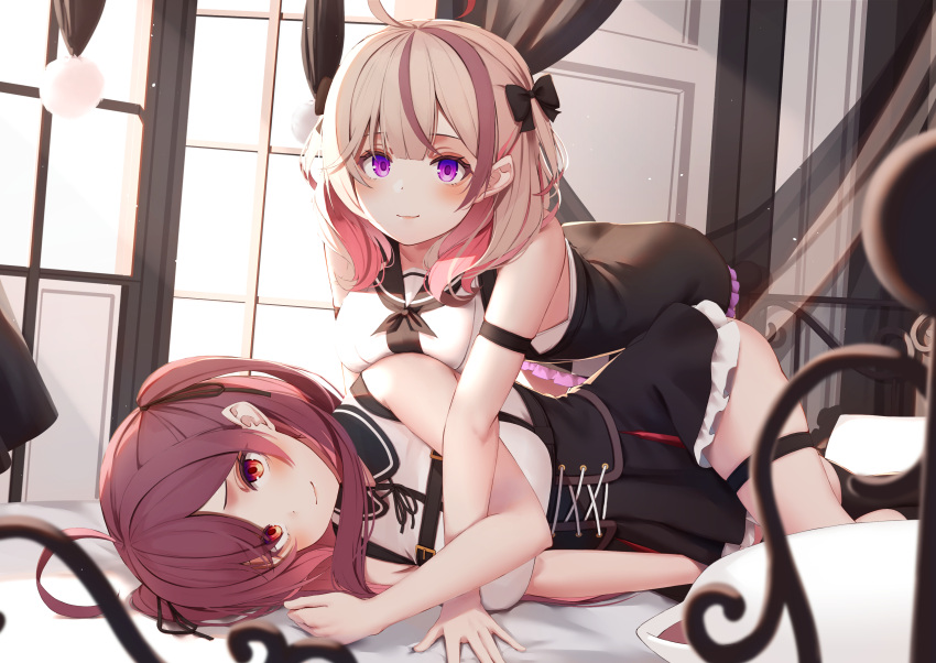 2girls absurdres ahoge all_fours arm_strap arm_support bangs bare_arms black_bow black_bowtie black_ribbon black_sailor_collar black_skirt blush bow bowtie breast_press breasts brown_hair closed_mouth corset frilled_skirt frills hair_bow hair_ribbon high-waist_skirt highres indoors long_hair looking_at_viewer lying medium_breasts multiple_girls nyan_(reinyan_007) on_side original purple_eyes red_eyes red_hair ribbon sailor_collar shirt skirt sleeveless sleeveless_shirt smile thigh_strap two_side_up white_shirt
