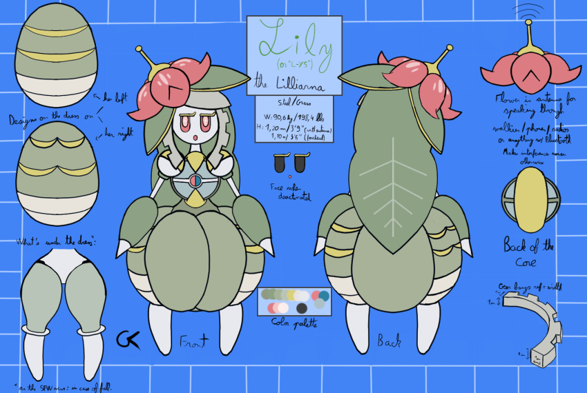 2022 alternate_color alternate_species antennae_(anatomy) anthro blue_background color_swatch fak&eacute;mon female flower fusion galacta_k gears grey_body grey_hair hair humanoid hybrid l-y5_(galacta_k) legendary_pok&eacute;mon lilliarna lilligant machine magearna model_sheet nintendo not_furry open_mouth pink_eyes plant pok&eacute;mon pok&eacute;mon_(species) pok&eacute;mon_fusion red_sclera robot robot_humanoid short_stack simple_background solo standing thick_thighs video_games watermark white_body