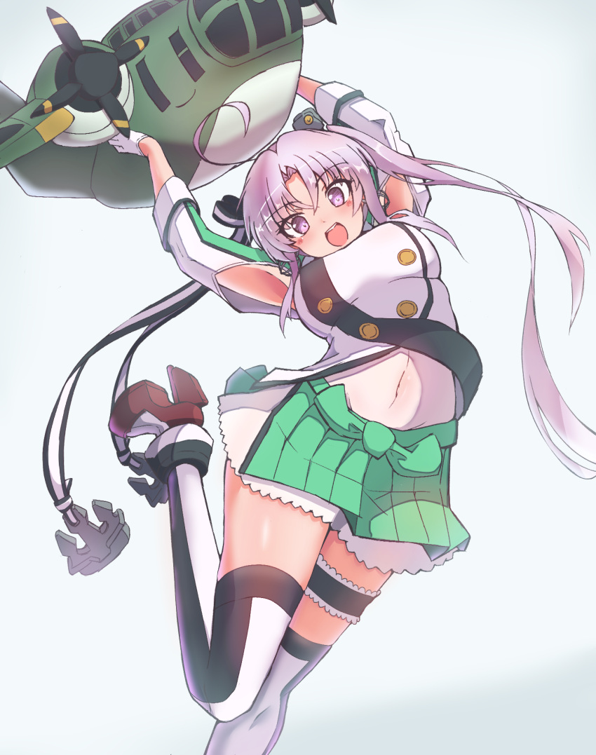 1girl 702_(naotsu) ahoge aircraft airplane akitsushima_(kancolle) anchor_hair_ornament armpit_cutout breasts clothing_cutout flying_boat gloves green_skirt h8k hair_ornament hair_ribbon hat highres holding kantai_collection light_purple_hair long_hair long_sleeves medium_breasts mini_hat miniskirt nishikitaitei-chan open_mouth pleated_skirt purple_eyes ribbon side_ponytail sidelocks skirt solo standing standing_on_one_leg thighhighs white_gloves