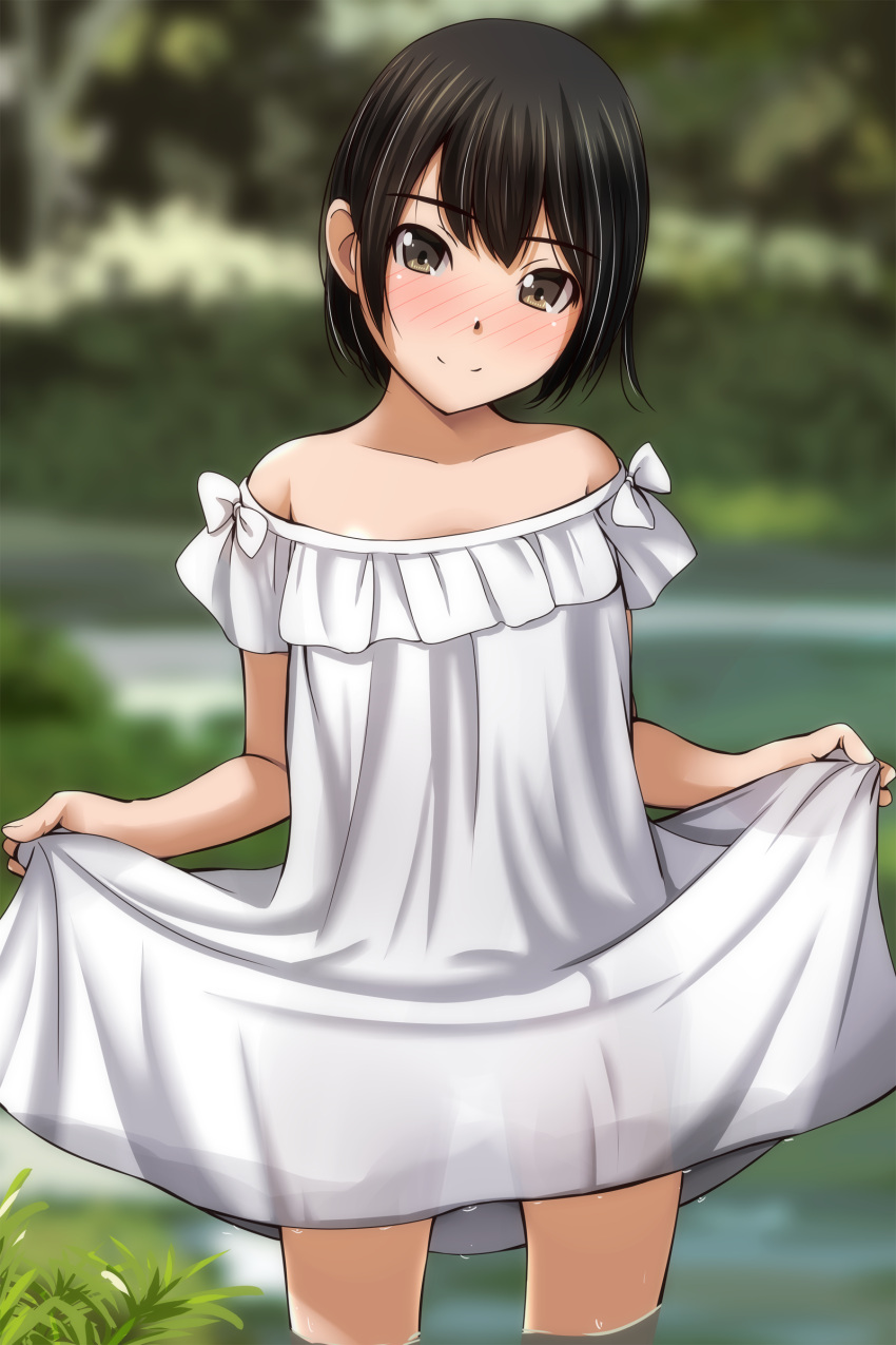 1girl absurdres bangs bare_shoulders black_hair blurry blurry_background blush bow brown_eyes closed_mouth collarbone day depth_of_field dress head_tilt highres looking_at_viewer matsunaga_kouyou nose_blush original outdoors short_hair skirt_hold smile solo standing wading water wet wet_clothes wet_dress white_bow