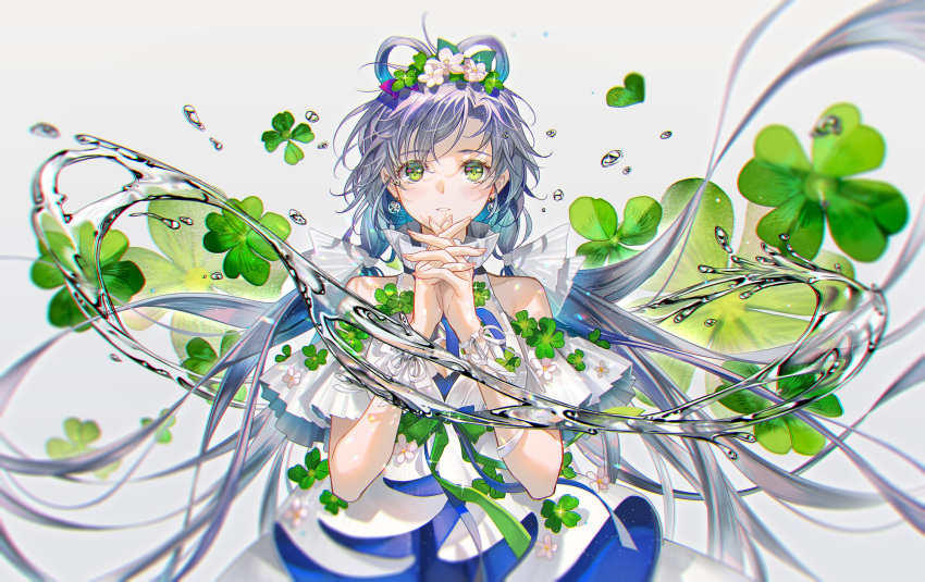 1girl arm_ribbon bare_shoulders blue_dress bow bow-shaped_hair clothing_cutout clover clover_hair_ornament dress dress_bow dress_flower earrings flower four-leaf_clover green_bow green_eyes grey_hair hair_bow hair_flower hair_ornament highres hydrokinesis jewelry long_hair low_twintails luo_tianyi official_art own_hands_clasped own_hands_together ribbon shoulder_cutout teeth tidsean twintails two-tone_dress upper_body very_long_hair vocaloid vsinger water water_drop white_background white_bow white_dress white_flower white_ribbon