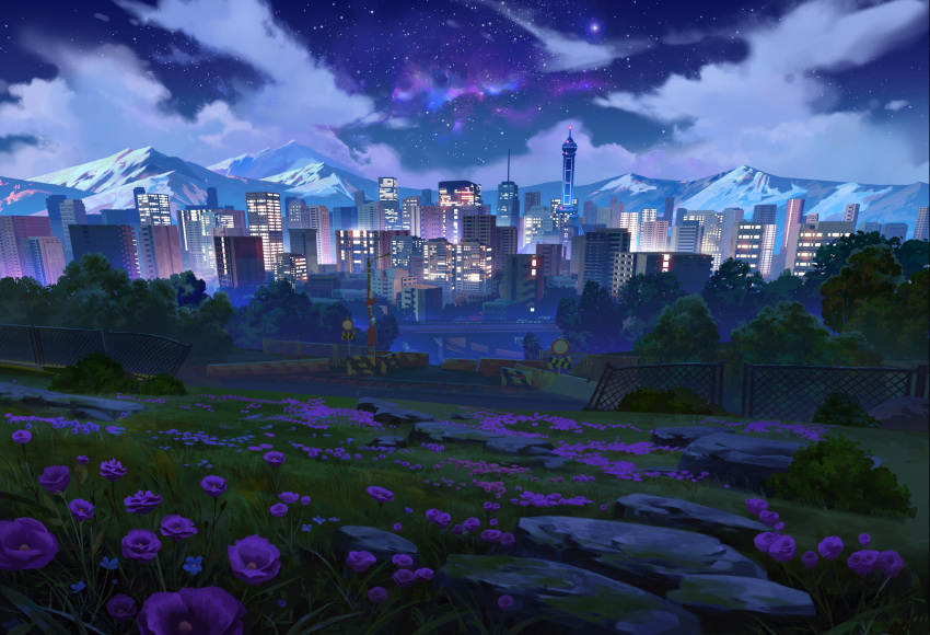 absurdres bridge building city city_lights cloud cloudy_sky fence field flower flower_field grass highres iron_fence kevin_gnutzmans league_of_legends mountain mountainous_horizon nature night night_sky no_humans outdoors road_sign rock scenery sign sky star_(sky) star_(symbol) star_guardian_(league_of_legends) starry_sky tree warning_sign