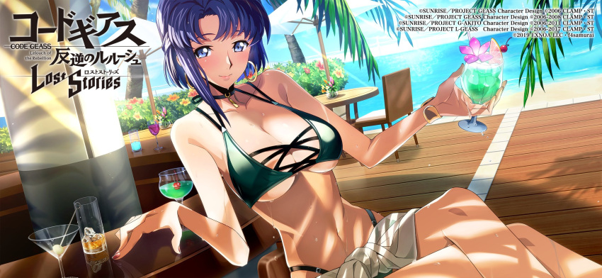 1girl beach bikini blue_eyes blue_hair blush breasts cecile_croomy code_geass cup drinking_glass earrings highres jewelry large_breasts official_art short_hair solo swimsuit wet