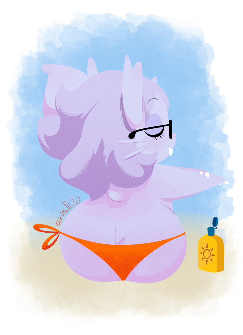 anthro beach big_butt bikini bikini_bottom butt buzzkillbluefish clothing didi eyewear female fur glasses hair hi_res horn lavender_body lavender_fur nidoran nidoran♀ nintendo pok&eacute;mon pok&eacute;mon_(species) purple_body purple_fur purple_hair rear_view seaside short_stack signature solo sunscreen swimwear video_games whiskers wide_hips