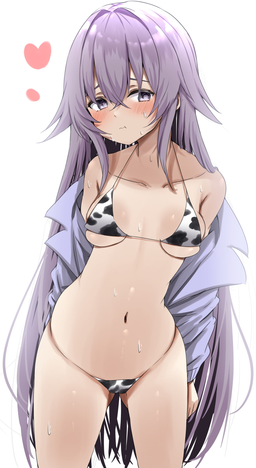 1girl absurdres animal_print bikini blush breasts collarbone cow_print cowboy_shot grimms_notes heart highres long_hair magic_mirror_(grimms_notes) nanahosi45 navel open_clothes open_shirt purple_hair shirt simple_background solo sweat swimsuit white_background