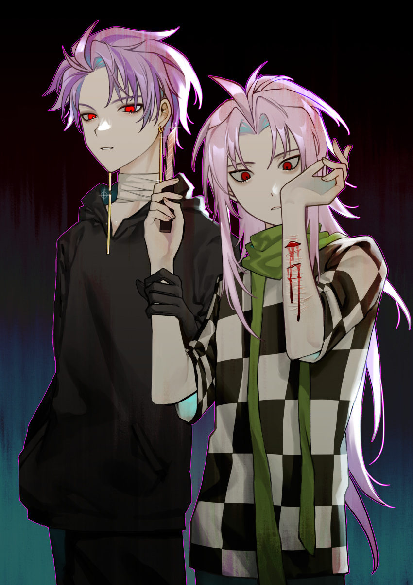 2boys absurdres arm_up bandaged_neck bandages bangs black_hoodie boxcutter checkered_clothes checkered_shirt commentary earrings green_scarf hatsutori_hajime highres holding holding_another's_arm holding_boxcutter hood hood_down hoodie jewelry kyoko_(akakikyoko) long_hair male_focus multiple_boys parted_bangs parted_lips pink_hair purple_hair red_eyes saibou_shinkyoku scarf self_harm shirt short_hair sparkle symbol-only_commentary wrist_cutting