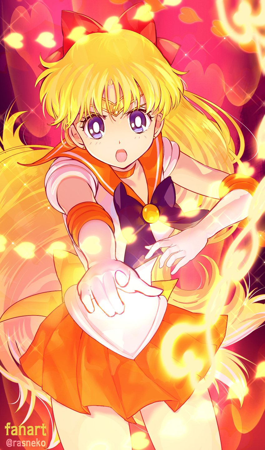 1girl aino_minako artist_name bishoujo_senshi_sailor_moon blonde_hair bow choker gloves hair_bow highres long_hair neck_ribbon open_mouth orange_choker orange_sailor_collar orange_skirt pointing pointing_at_viewer purple_eyes purple_ribbon rasneko red_ribbon ribbon sailor_collar sailor_venus skirt solo thighs twitter_username white_gloves