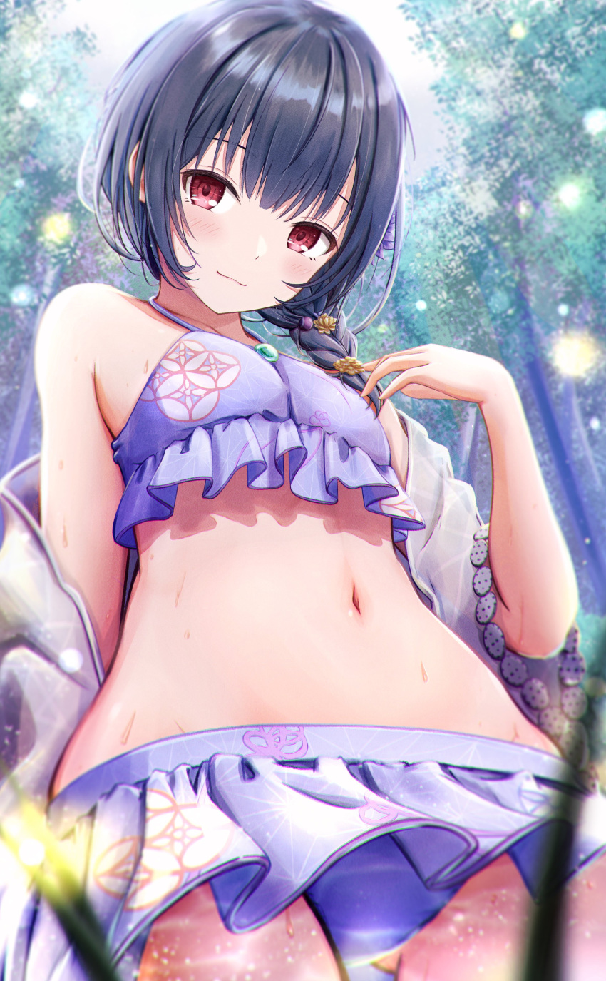 1girl absurdres arm_up bangs bare_shoulders bikini bikini_skirt blue_hair braid closed_mouth cowboy_shot frilled_bikini frills highres idolmaster idolmaster_shiny_colors lavender_bikini light_blush looking_at_viewer looking_down lowleg lowleg_bikini masuku_(saint_mask) morino_rinze navel outdoors red_eyes short_hair smile solo swimsuit translucent