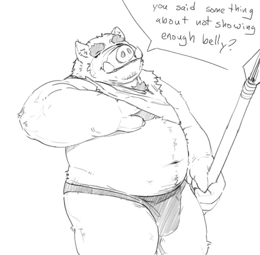 belly bezdomny body_hair bulge chest_hair clothing domestic_pig eyebrows facial_hair hairy hi_res humanoid male mammal melee_weapon orc overweight polearm shirt solo solo_focus spear suid suina sus_(pig) text topwear tusks weapon wild_boar