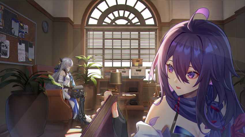 2girls absurdres ahoge bangs bare_shoulders book boots box breasts bronya_rand chinese_commentary cleavage clock commentary detached_sleeves earrings elbow_gloves fingerless_gloves gloves grey_hair highres honkai:_star_rail honkai_(series) indoors jewelry lamp multiple_girls pantyhose plant potted_plant purple_eyes purple_hair reading scarf seele_(honkai:_star_rail) shade shirt thigh_boots white_shirt window xian_shui_chang_chong