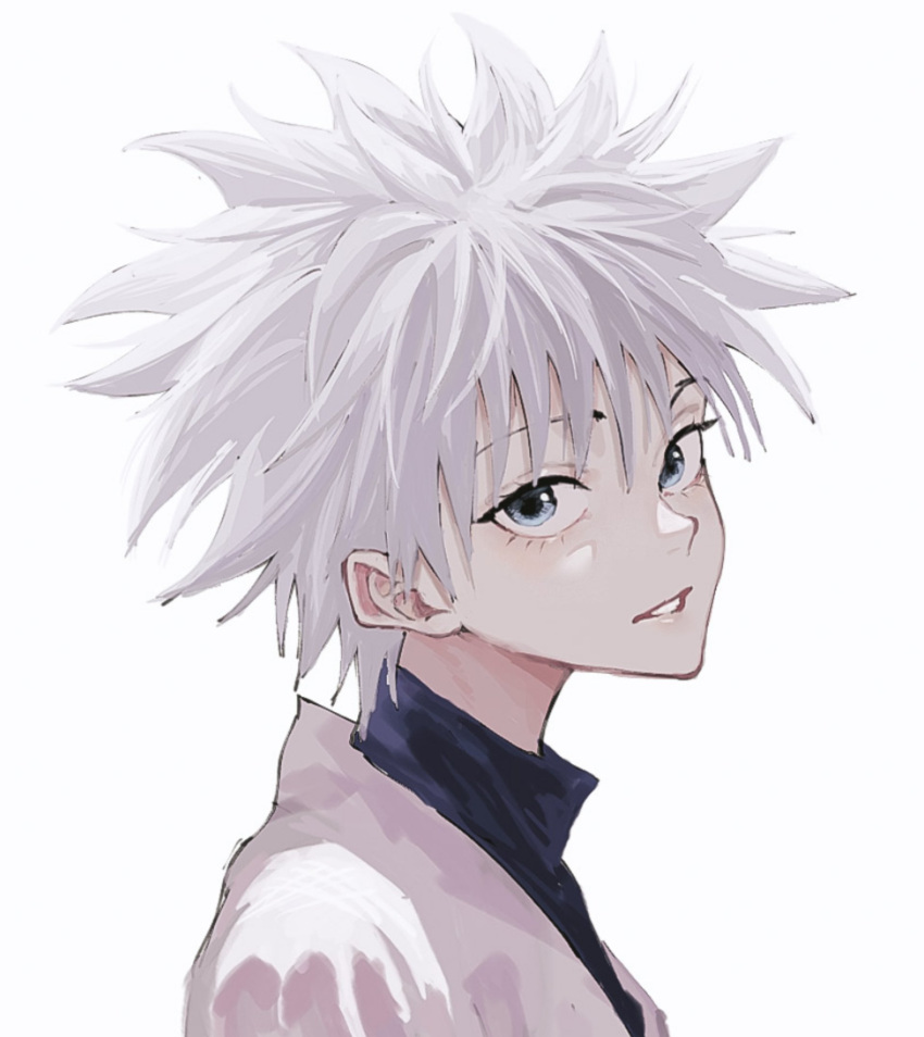 1boy blue_eyes cat_helper cropped eyelashes grey_background grey_hair hatching_(texture) highres hunter_x_hunter killua_zoldyck light_blue_eyes looking_at_viewer male_focus parted_lips simple_background solo turtleneck upper_body