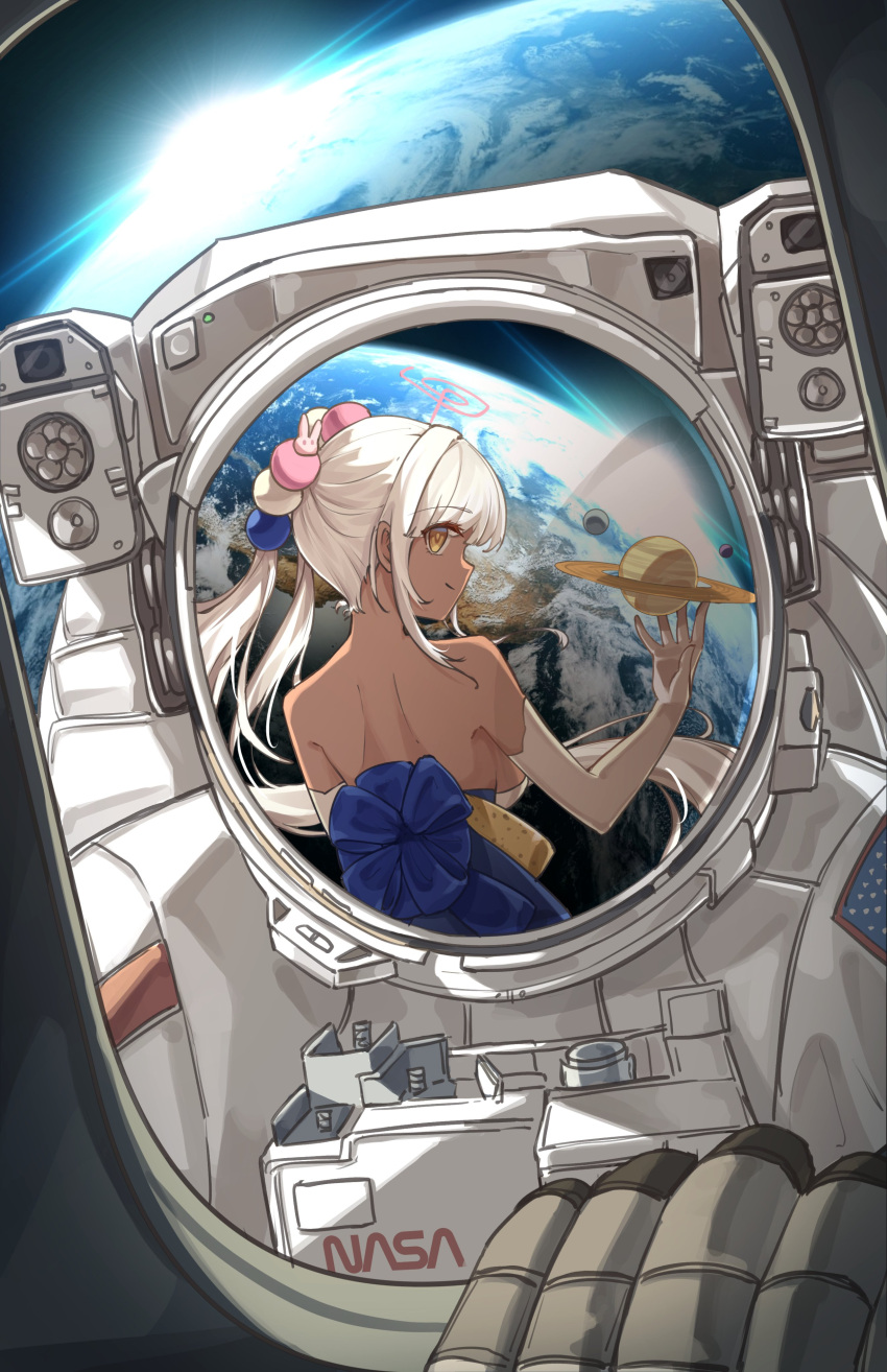 1girl 1other absurdres astronaut blonde_hair dark-skinned_female dark_skin earth_(planet) elbow_gloves gloves hair_ornament helmet highres hololive hololive_english jl_tan limiter_(tsukumo_sana) long_hair looking_at_viewer multicolored_hair nasa_logo planet planet_hair_ornament saturn_(planet) smile space space_helmet spacesuit tsukumo_sana twintails very_long_hair virtual_youtuber white_gloves yellow_eyes