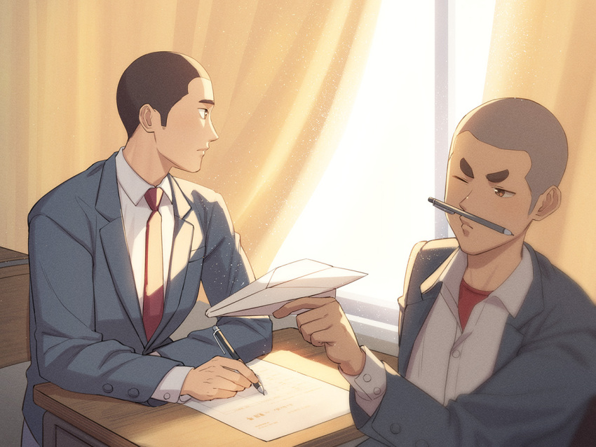 2boys balancing_on_lips blazer brown_eyes brown_hair classroom curtains holding_paper_airplane jacket looking_outside male_focus multiple_boys original paper_airplane pencil school_uniform shaved_head tettabuzz thick_eyebrows writing