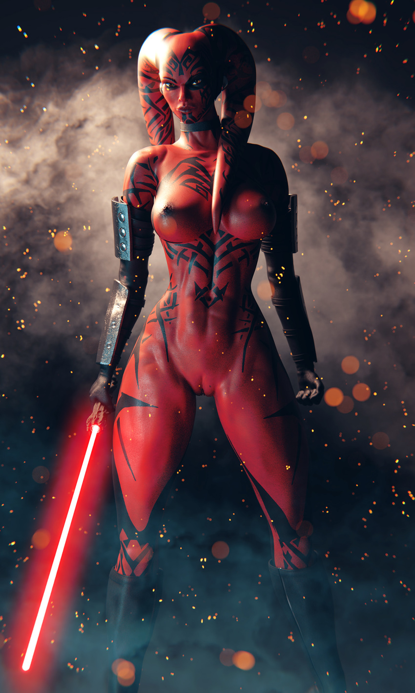 3d_(artwork) abs alien alien_humanoid areola armwear big_breasts breasts clothing darth_talon digital_media_(artwork) el-recondite elbow_gloves female genitals gloves handwear hi_res humanoid lightsaber looking_at_viewer markings melee_weapon muscular muscular_female navel nipples nude pseudo_hair pussy red_body red_skin sith solo star_wars tentacles thick_thighs twi'lek weapon wide_hips