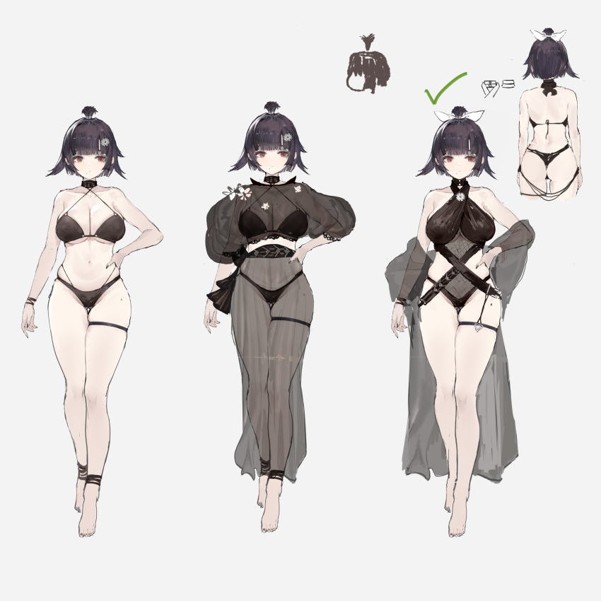 1girl ass bare_shoulders barefoot bikini black_swimsuit bow breasts cleavage commentary_request concept_art girls'_frontline girls'_frontline_neural_cloud grey_background hair_bow halterneck hand_on_hip highres large_breasts legs mole mole_on_thigh mole_under_mouth navel nora_(girls'_frontline_nc) official_alternate_costume prototype purple_hair red_eyes see-through short_hair simple_background skindentation swimsuit t_lege_d thigh_strap
