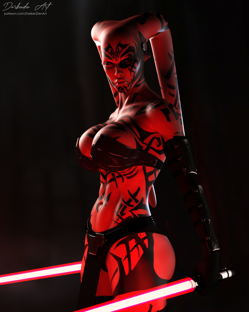 absurd_res alien alien_humanoid armwear big_breasts breasts butt cleavage clothed clothing darkenden darth_talon elbow_gloves female gloves handwear hi_res humanoid lekku_(anatomy) lightsaber looking_at_viewer melee_weapon not_furry pseudo_hair red_body red_skin side_boob side_view simple_background sith sith_lord skimpy solo star_wars thick_thighs twi'lek weapon wide_hips