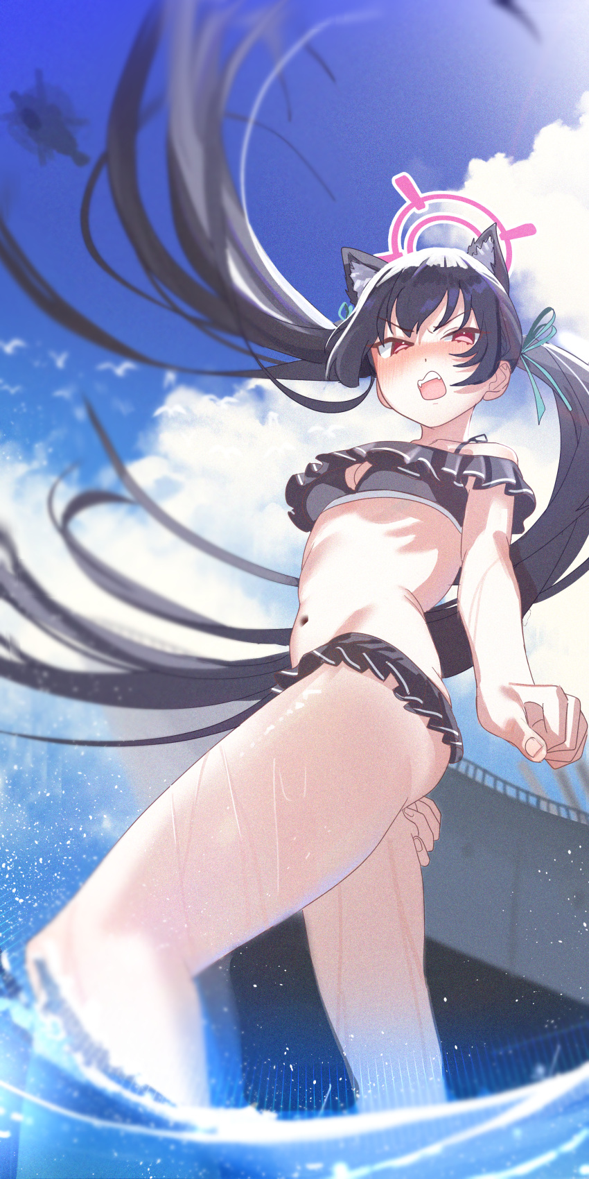 1girl absurdres aircraft angry animal_ear_fluff animal_ears ass bangs bare_shoulders bikini black_bikini black_hair blue_archive blue_ribbon blush breasts cat_ears cat_girl cloud crossed_bangs embarrassed fang frilled_bikini frills from_below hair_ribbon halo helicopter highres holding_leg jiki_(gkdlfnzo1245) long_hair looking_at_viewer looking_back looking_down navel ocean off-shoulder_bikini off_shoulder official_alternate_costume open_mouth red_eyes ribbon ribs serika_(blue_archive) serika_(swimsuit)_(blue_archive) ship sky small_breasts solo standing stomach summer sunlight swimsuit twintails v-shaped_eyebrows wading watercraft wavy_mouth