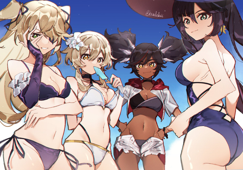 4girls ass bikini black_hair blue_swimsuit breasts cleavage dark-skinned_female dark_skin detached_sleeves eyepatch fischl_(genshin_impact) genshin_impact highres kradebii looking_at_viewer lumine_(genshin_impact) medium_breasts mona_(genshin_impact) multiple_girls navel one-piece_swimsuit one_eye_covered open_clothes open_shorts purple_bikini shorts sideboob smile swimsuit symbol-only_commentary twintails two_side_up white_bikini white_shorts xinyan_(genshin_impact) yellow_eyes