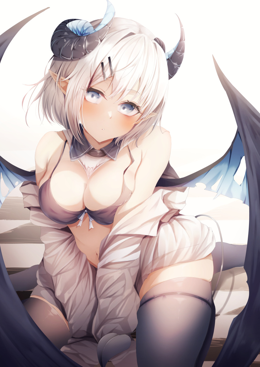 1girl absurdres arms_between_legs black_horns black_wings blue_bow blue_eyes blue_horns blue_wings blush bow checkered checkered_floor curled_horns demon_girl demon_horns demon_tail demon_wings evaiyu grey_hair grey_thighhighs hair_ornament hairclip highres horns light_blue_eyes multicolored_horns multicolored_wings navel original parted_lips pointy_ears sitting skindentation solo tail tail_wrap thighhighs torn torn_wings two-tone_wings wariza wings