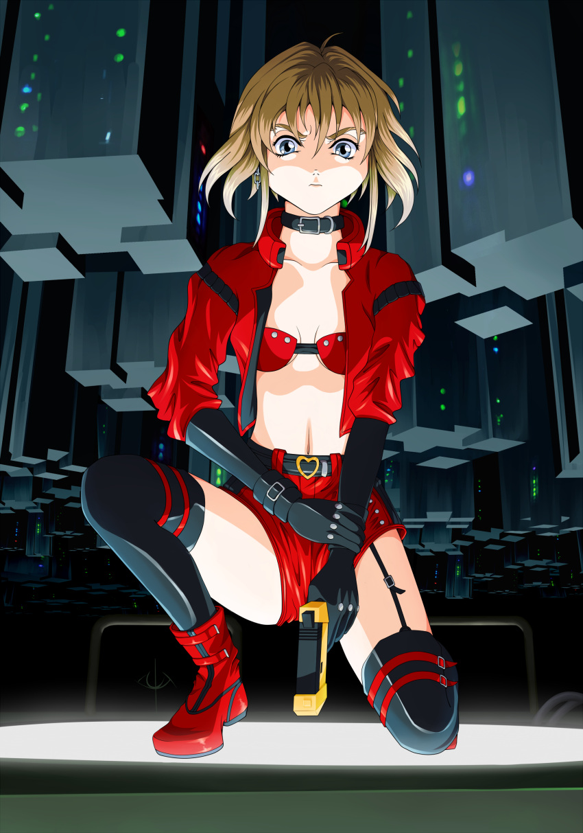 1girl absurdres armitage_iii belt black_belt black_thighhighs blonde_hair blue_eyes breasts buckle chain_earrings choker collarbone cropped_jacket cyberpunk cyborg earrings elbow_gloves garter_straps gloves gun handgun heart heart-shaped_buckle highres holding_own_wrist jacket jewelry looking_to_the_side midriff mystic_violence naomi_armitage navel one_knee red_footwear red_jacket red_shorts short_hair short_shorts shorts small_breasts solo thighhighs thighs weapon