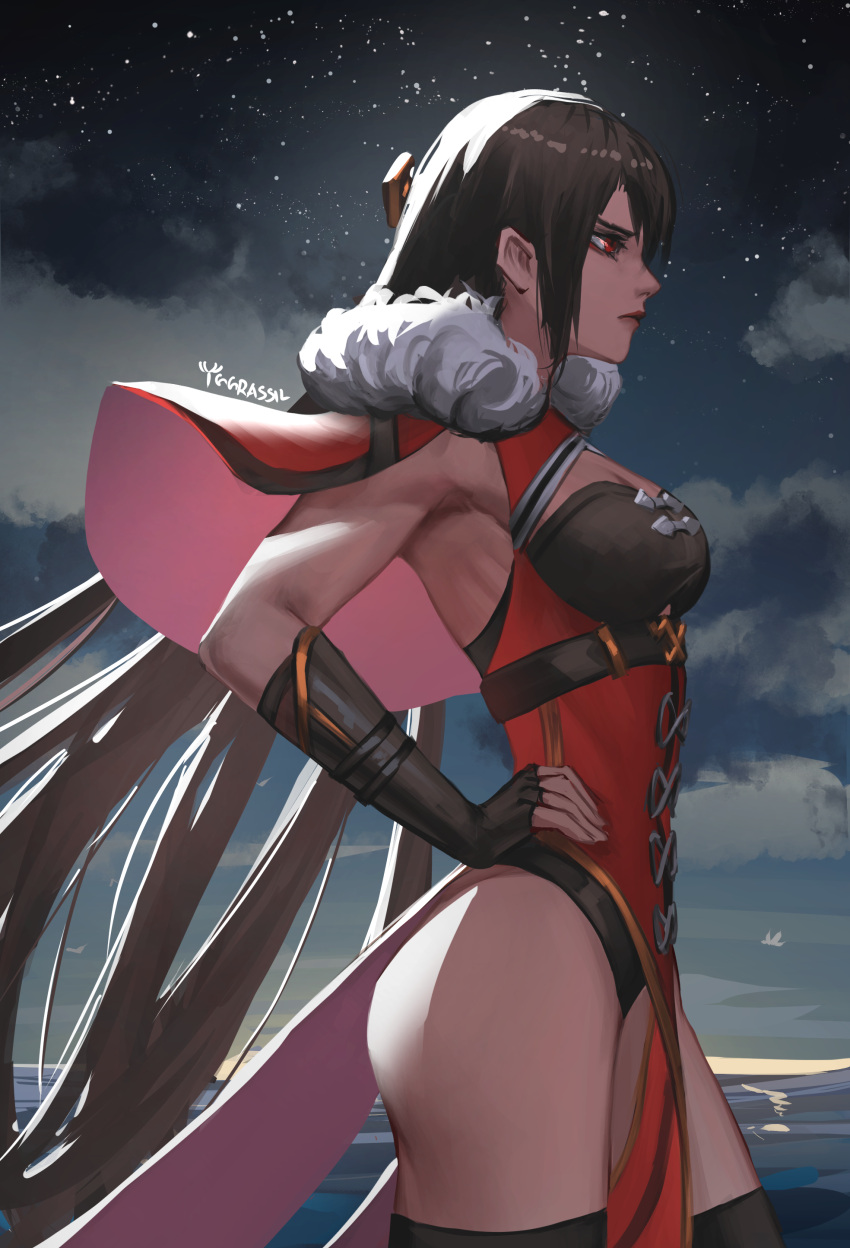1girl absurdres beidou_(genshin_impact) black_gloves black_hair black_thighhighs breasts capelet cleavage cleavage_cutout clothing_cutout cloud fingerless_gloves fur_trim genshin_impact gloves hand_on_hip highres lips long_hair medium_breasts muscular muscular_female night night_sky ocean pelvic_curtain red_eyes signature sky sleeveless star_(sky) thighhighs thighs very_long_hair yggrassil