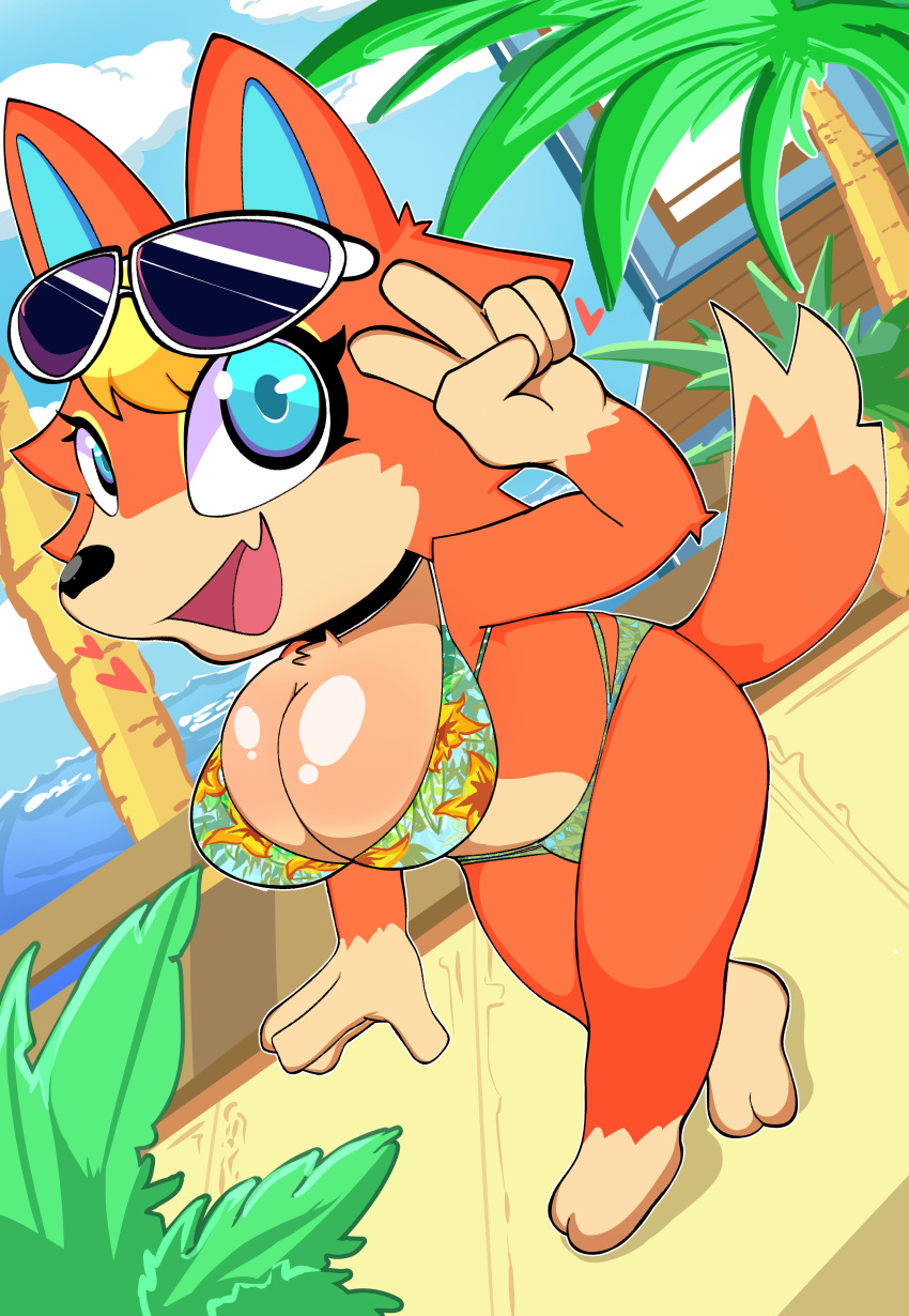 &lt;3 absurd_res animal_crossing anthro audie_(animal_crossing) big_breasts bikini breasts canid canine canis clothing eyewear eyewear_on_head female flower_pattern gesture hi_res looking_at_viewer mammal nintendo onibi palm_tree plant solo sunglasses sunglasses_on_head swimwear tree v_sign video_games wolf